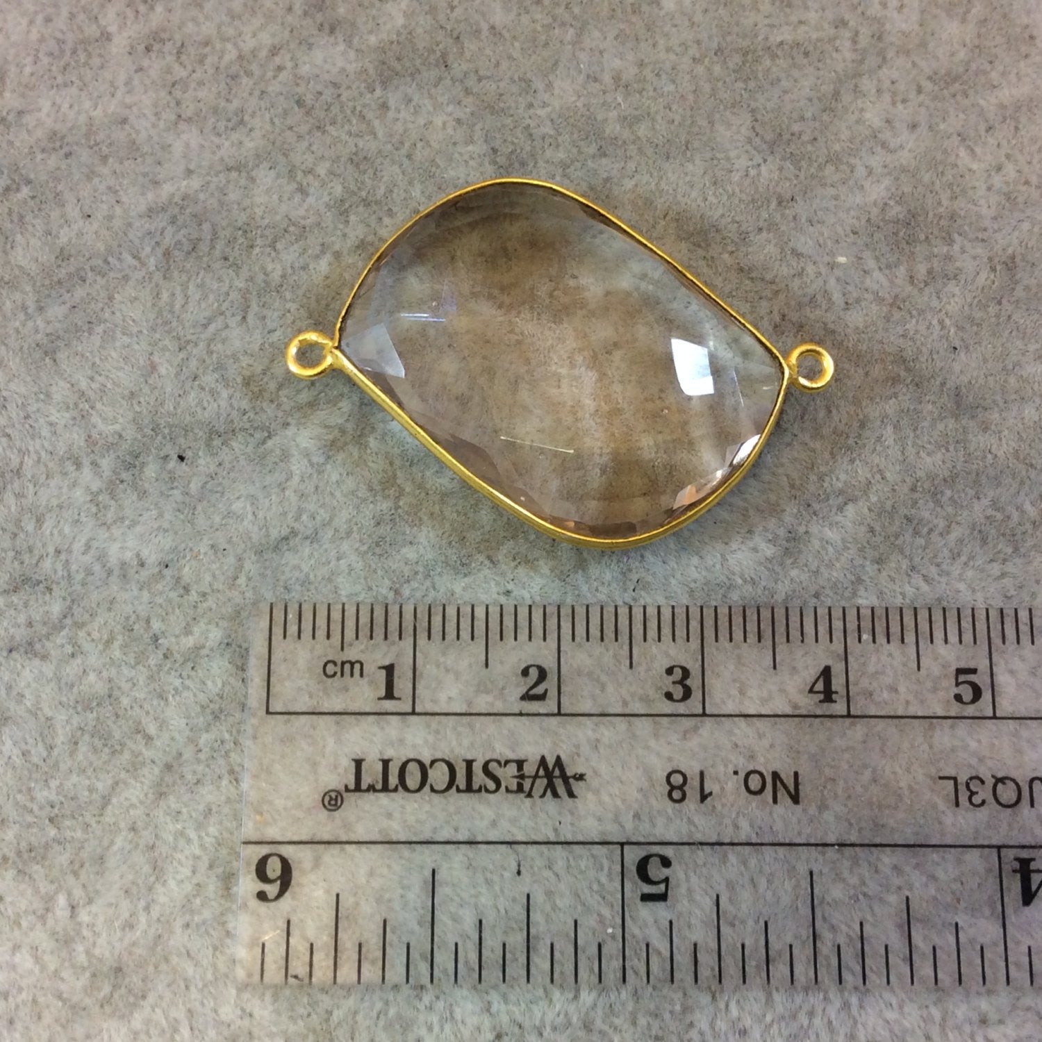 Gold Finish Faceted Clear Pale Pink/Gray Quartz Wavy Marquis Shaped Bezel Connector - Measuring 20mm x 32mm - Natural Semi-precious Gemstone