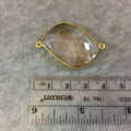 Gold Finish Faceted Clear Pale Pink/Gray Quartz Wavy Marquis Shaped Bezel Connector - Measuring 20mm x 32mm - Natural Semi-precious Gemstone