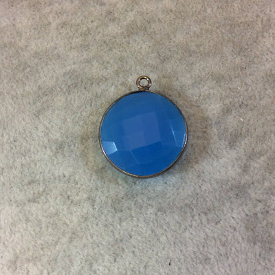 Gunmetal Finish Faceted Teal Blue Chalcedony Round/Coin Shaped Bezel Pendant Component - Measuring 20mm x 20mm - Natural Gemstone Bezel