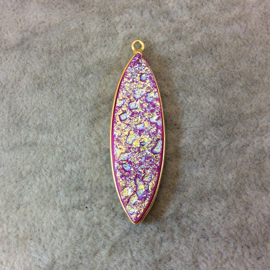 Gold Plated Bright Pink Druzy Resin Marquis Shaped Pendant Component - Measuring 13mm x 43mm, Approximately - Sold Individually