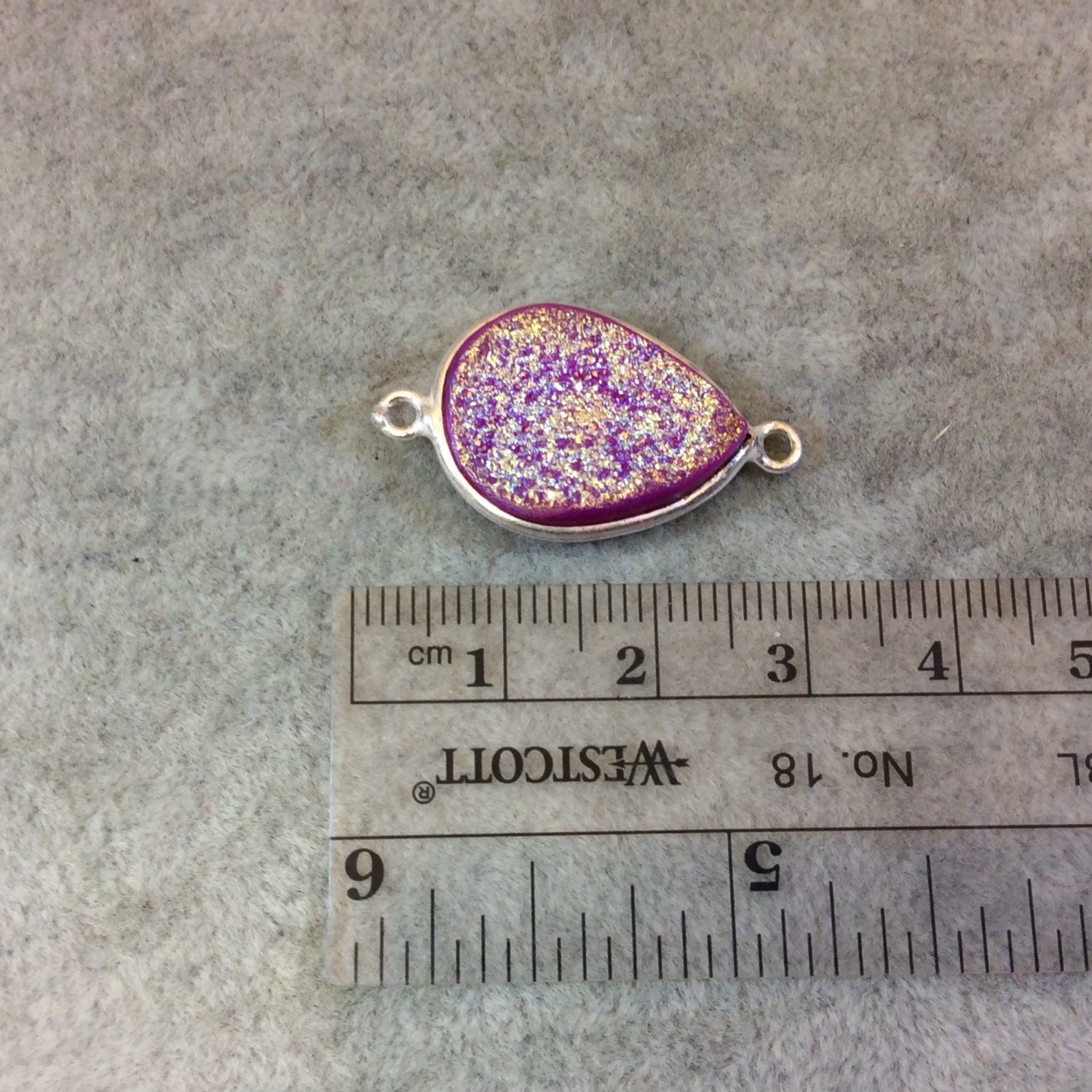 Silver Plated Bright Pink Druzy Resin Teadrop/Pear Shaped Bezel Connector Component - Measuring 15mm x 20mm, Approx. - Sold Individually