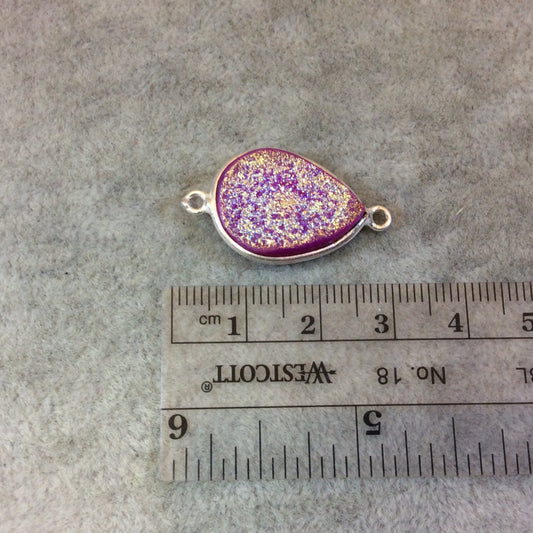 Silver Plated Bright Pink Druzy Resin Teadrop/Pear Shaped Bezel Connector Component - Measuring 15mm x 20mm, Approx. - Sold Individually