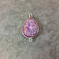Silver Plated Bright Pink Druzy Resin Teadrop/Pear Shaped Bezel Connector Component - Measuring 15mm x 20mm, Approx. - Sold Individually