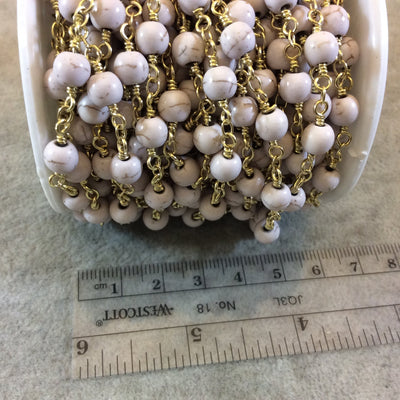 Gold Plated Copper Rosary Chain with Smooth 6mm Round Shaped Off White Howlite Beads - Sold by the Foot, or in Bulk! - Natural Beaded Chain