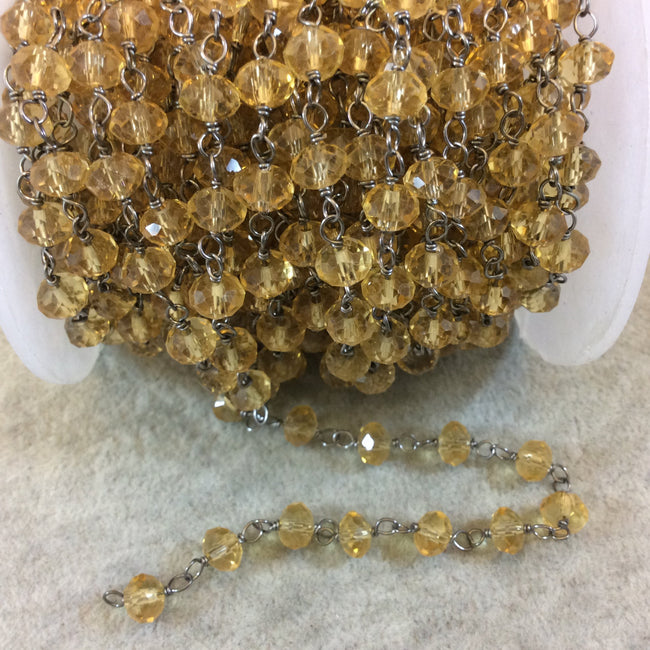 Gunmetal Plated Rosary Chain with 6mm Faceted Pale Yellow Glass Crystal Beads - Sold by the Foot or in Bulk! - Natural Beaded Chain