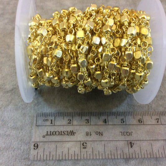 Bright Gold Plated Copper Rosary Chain with 4mm Cube Shaped Beads (CH242-GD) - Sold by the Foot! - Beaded Rosary Necklace/Bracelet Chain