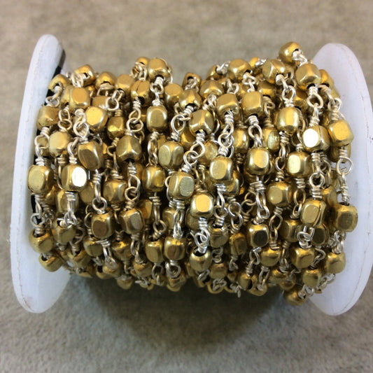 Silver Plated Copper Rosary Chain with 4mm Gold Cube Shaped Beads (CH242-SV) - Sold by the Foot! - Beaded Rosary Necklace/Bracelet Chain