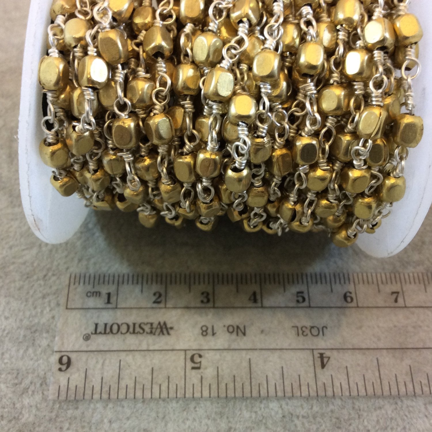 Silver Plated Copper Rosary Chain with 4mm Gold Cube Shaped Beads (CH242-SV) - Sold by the Foot! - Beaded Rosary Necklace/Bracelet Chain