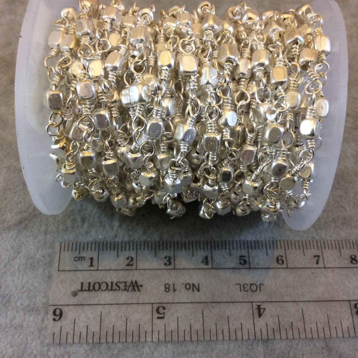 Bright Silver Plated Copper Rosary Chain with 4mm Cube Shaped Beads (CH245-SV) - Sold by the Foot! - Beaded Rosary Necklace/Bracelet Chain