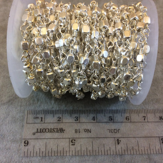 Bright Silver Plated Copper Rosary Chain with 4mm Cube Shaped Beads (CH245-SV) - Sold by the Foot! - Beaded Rosary Necklace/Bracelet Chain