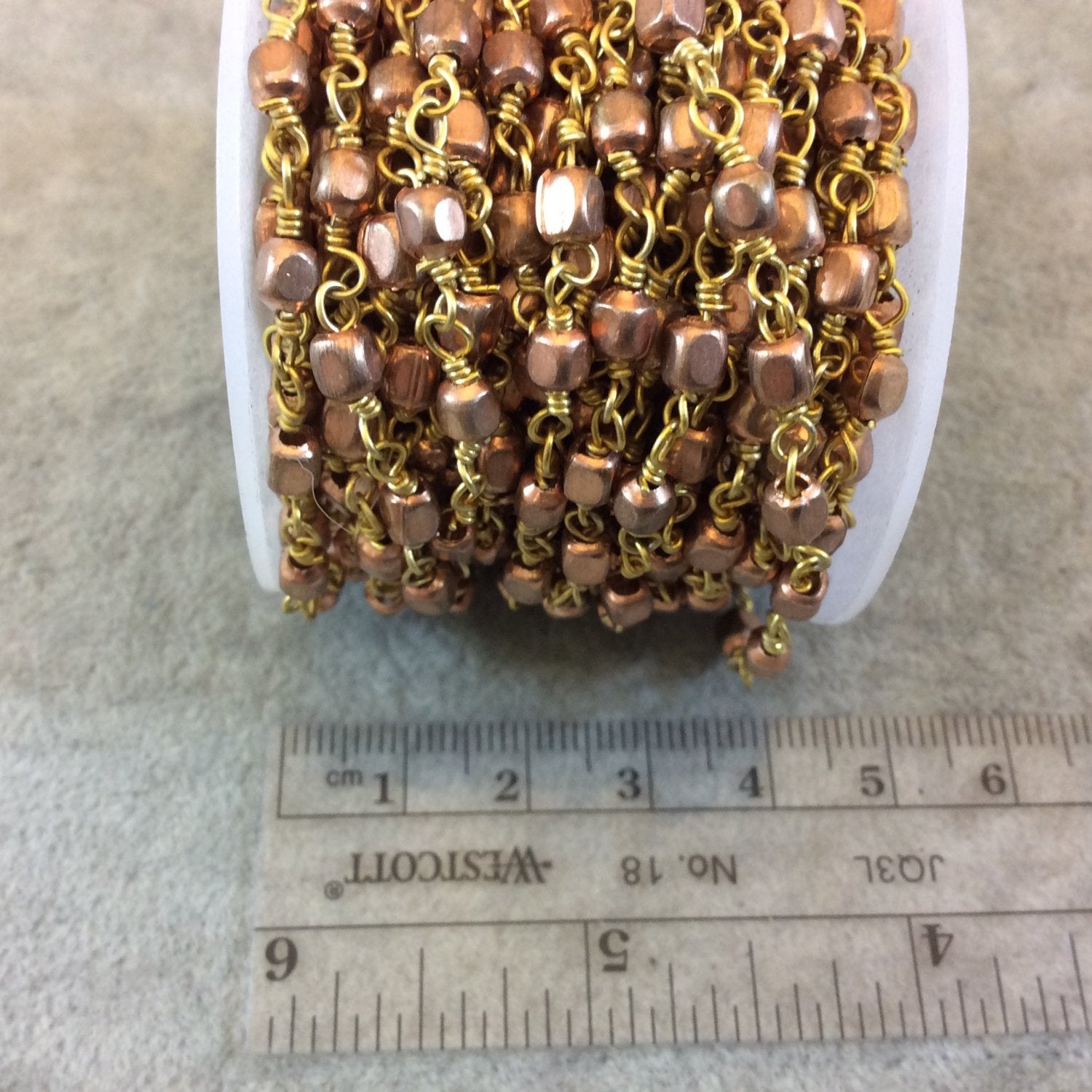 Rose Gold/Gold Plated Copper Rosary Chain with 4mm Cube Shaped Beads - Sold by the Foot! - Beaded Rosary Necklace/Bracelet Chain
