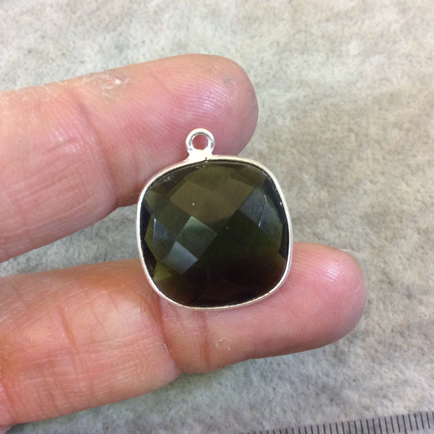 Silver Finish Faceted Trans. Olive Green Quartz Square Shaped Bezel Pendant Component - Measuring 18mm x 18mm - Sold Individually