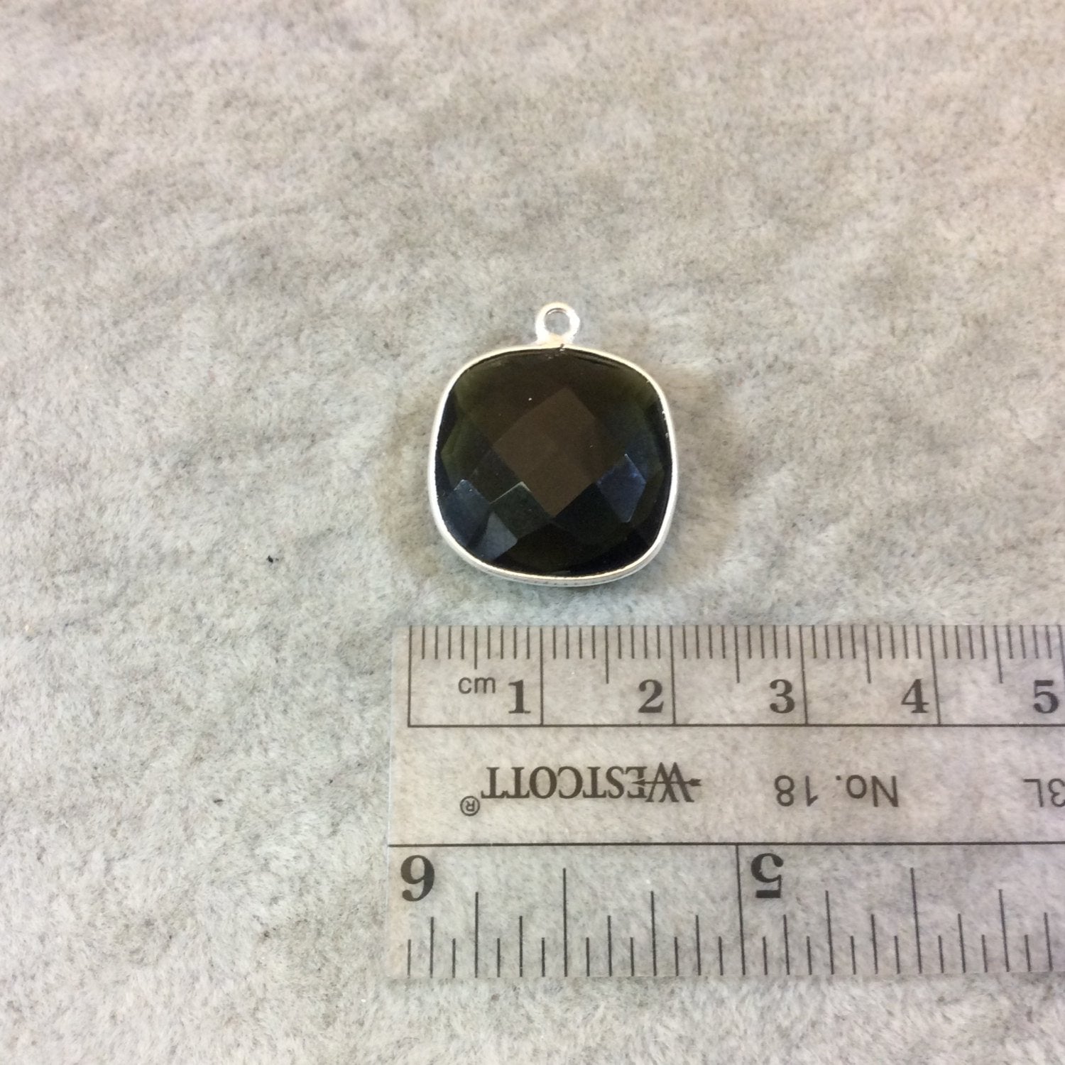 Silver Finish Faceted Trans. Olive Green Quartz Square Shaped Bezel Pendant Component - Measuring 18mm x 18mm - Sold Individually