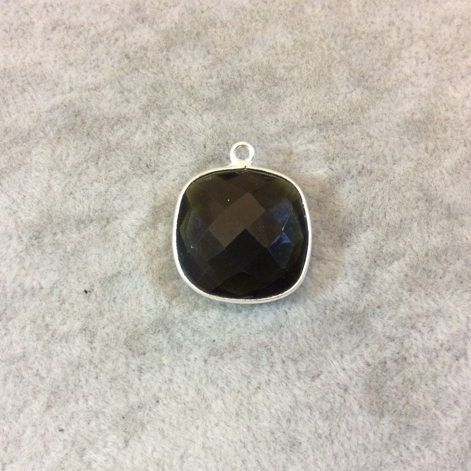 Silver Finish Faceted Trans. Olive Green Quartz Square Shaped Bezel Pendant Component - Measuring 18mm x 18mm - Sold Individually
