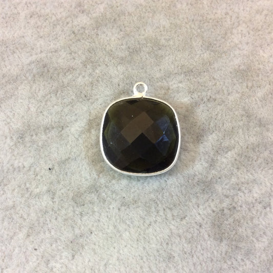 Silver Finish Faceted Trans. Olive Green Quartz Square Shaped Bezel Pendant Component - Measuring 18mm x 18mm - Sold Individually