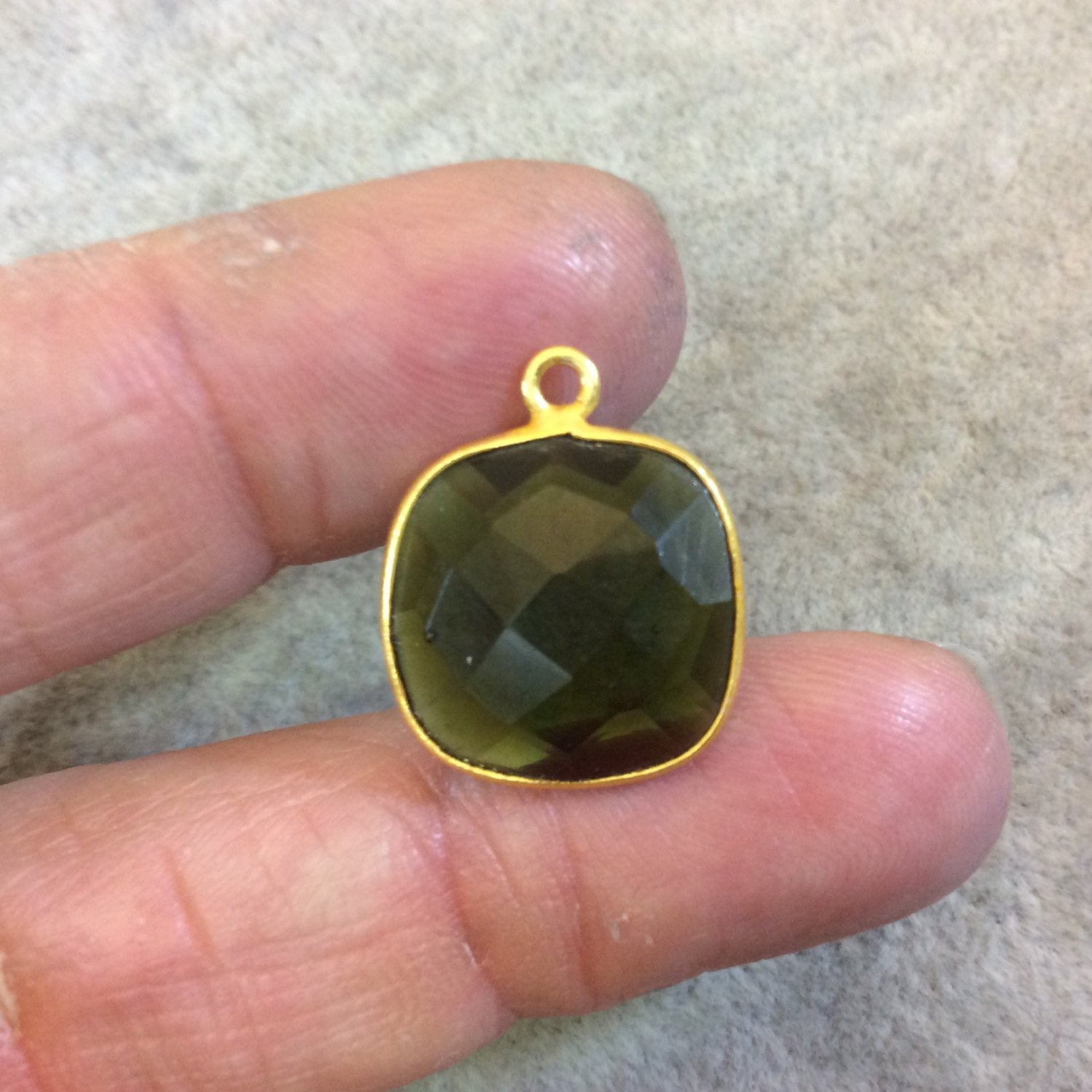 Gold Finish Faceted Trans. Olive Green Quartz Square Shaped Bezel Pendant Component - Measuring 15mm x 15mm - Sold Individually