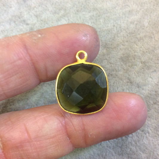 Gold Finish Faceted Trans. Olive Green Quartz Square Shaped Bezel Pendant Component - Measuring 15mm x 15mm - Sold Individually