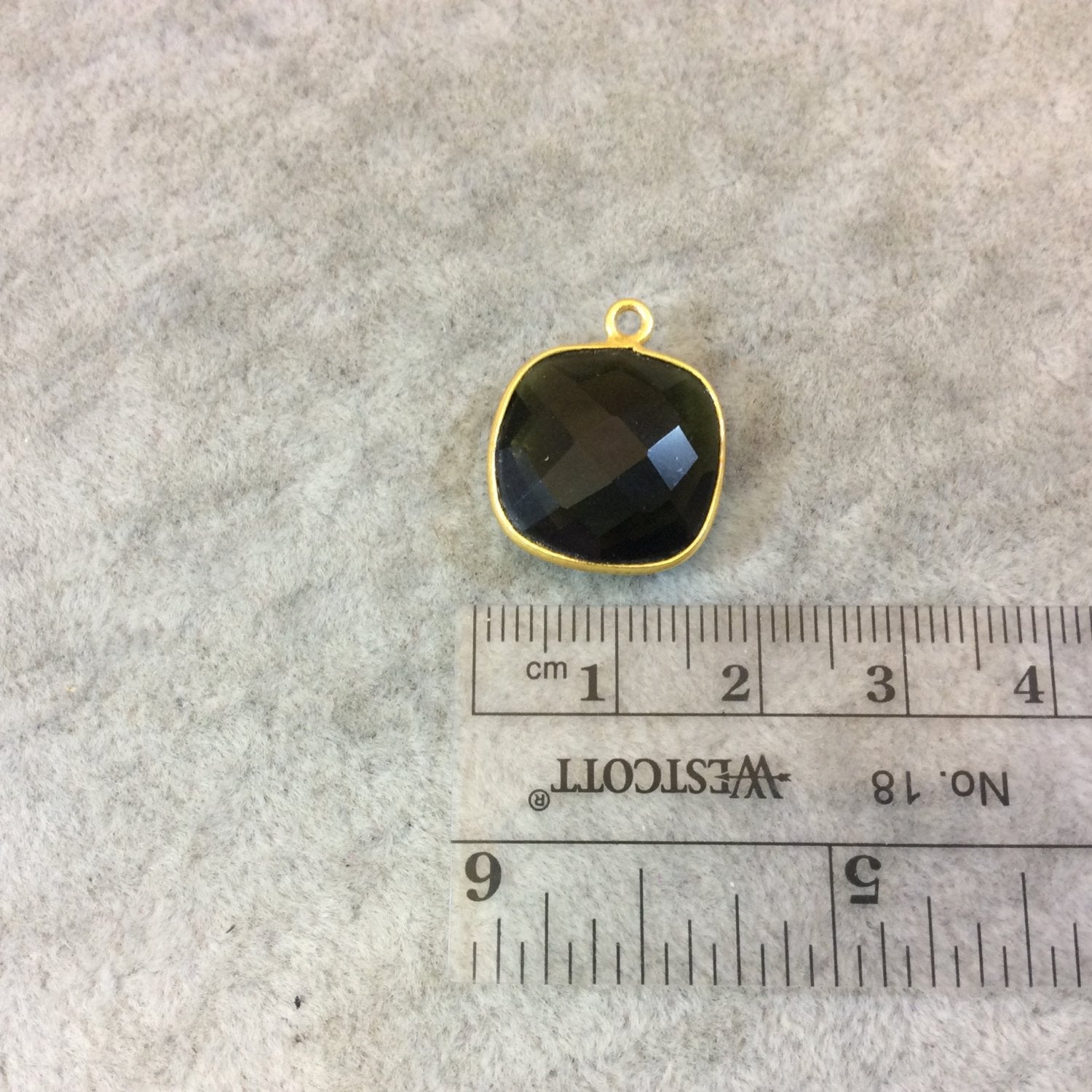Gold Finish Faceted Trans. Olive Green Quartz Square Shaped Bezel Pendant Component - Measuring 15mm x 15mm - Sold Individually
