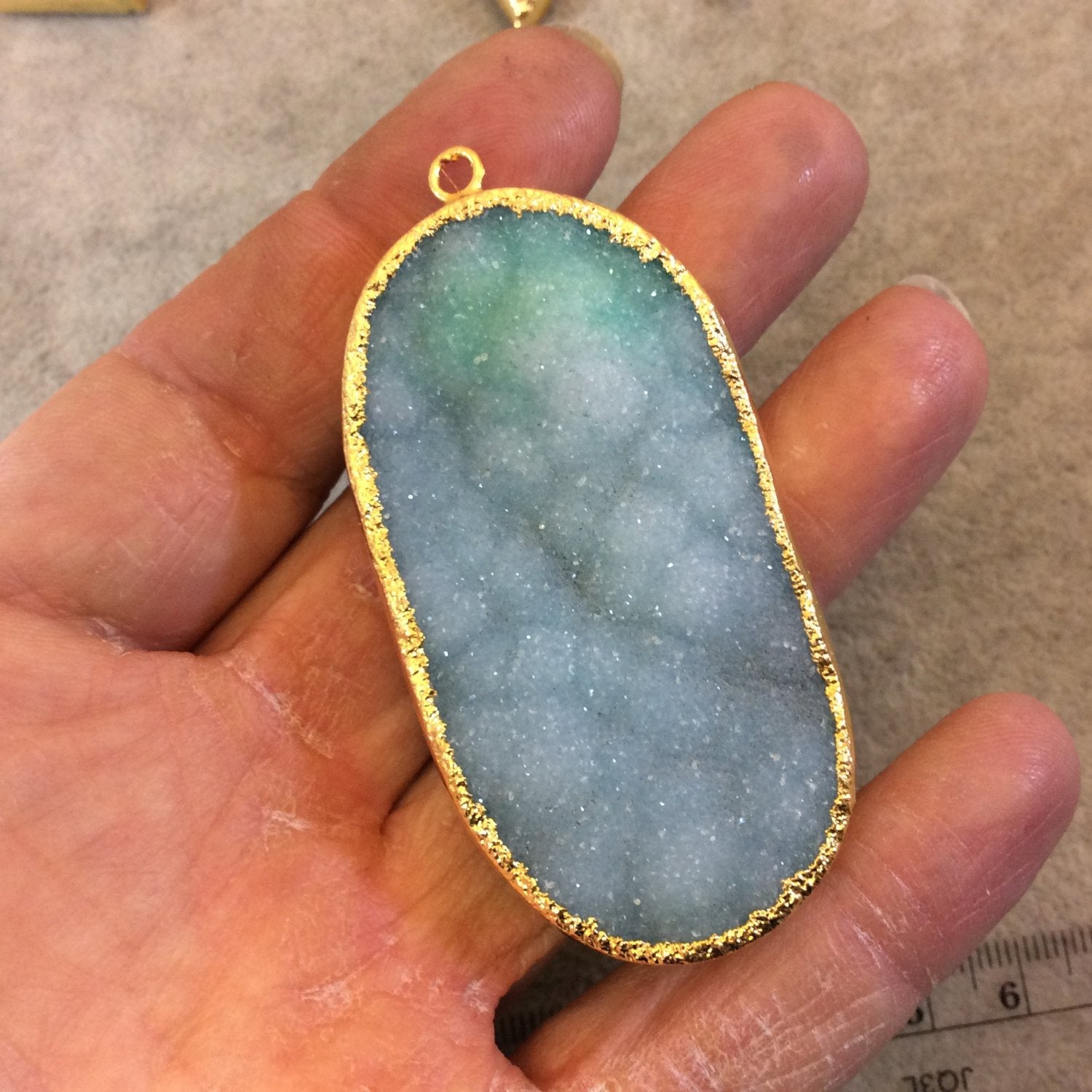 OOAK Premium Gold Plated Oval Shaped Electroformed Light Aqua Druzy Pendant - Measuring 32mm x 60mm Approximately - Sold Individually