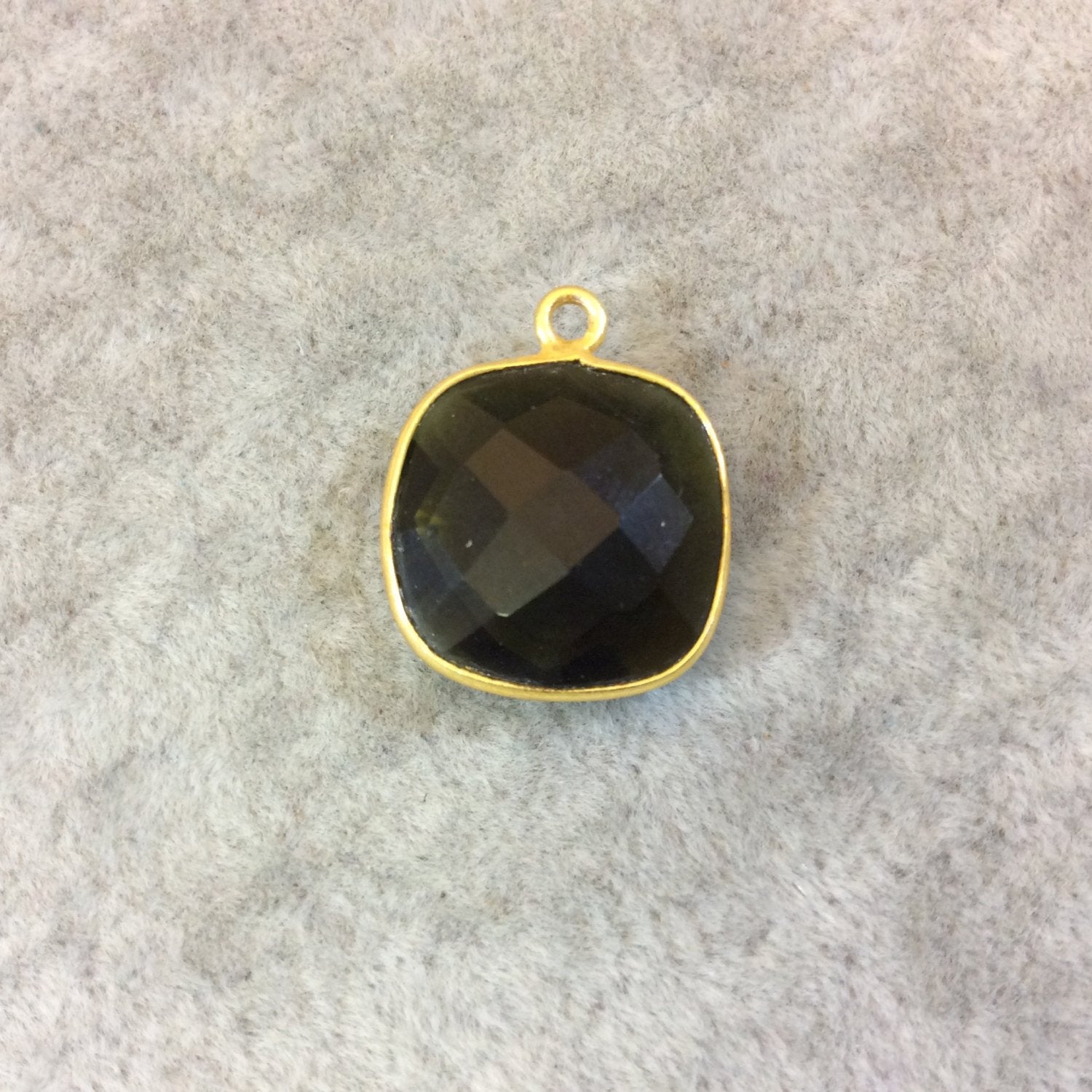 Gold Finish Faceted Trans. Olive Green Quartz Square Shaped Bezel Pendant Component - Measuring 15mm x 15mm - Sold Individually