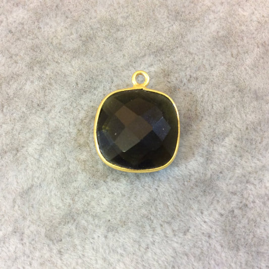 Gold Finish Faceted Trans. Olive Green Quartz Square Shaped Bezel Pendant Component - Measuring 15mm x 15mm - Sold Individually