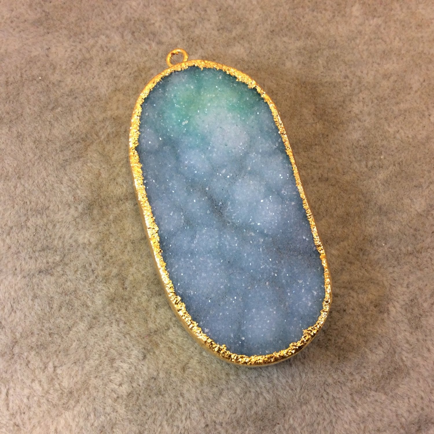 OOAK Premium Gold Plated Oval Shaped Electroformed Light Aqua Druzy Pendant - Measuring 32mm x 60mm Approximately - Sold Individually