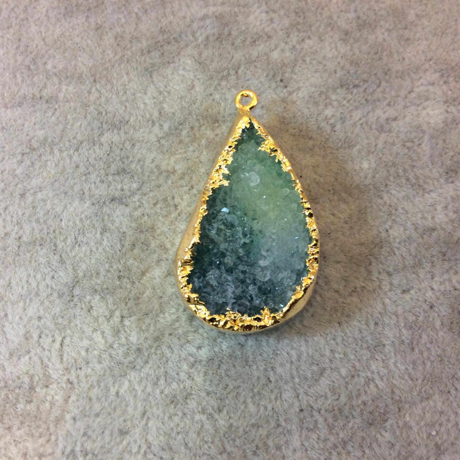 OOAK Premium Gold Plated Teardrop/Pear Electroformed Green/Olive Druzy Pendant - Measuring 21mm x 33mm Approximately - Sold Individually