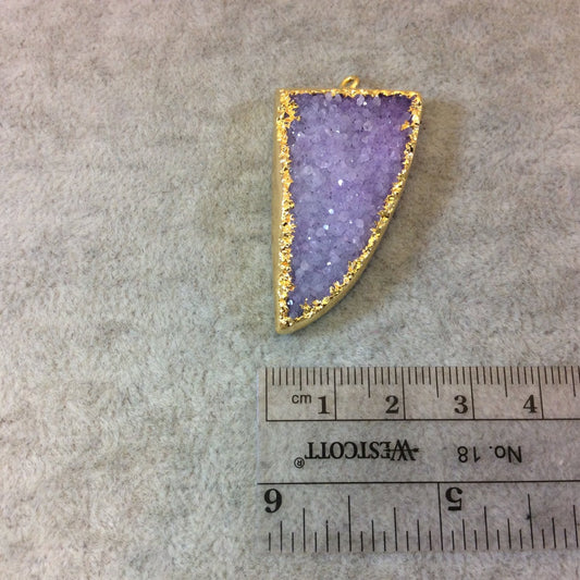 OOAK Premium Gold Plated Tusk Shaped Electroformed Light Purple Druzy Pendant - Measuring 23mm x 38mm Approximately - Sold Individually