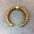 3" Tan/White Slashed Thick Double Ended Crescent Shaped Acrylic Resin Pendant with Gold Caps/Bail - Measuring 80mm x 74mm - (TR074-LB)