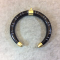 3" Double Ended Carved Small Lines Black Crescent Shaped Synthetic Resin Pendant with Gold Caps - Measuring 80mm x 74mm (TR075-BK)