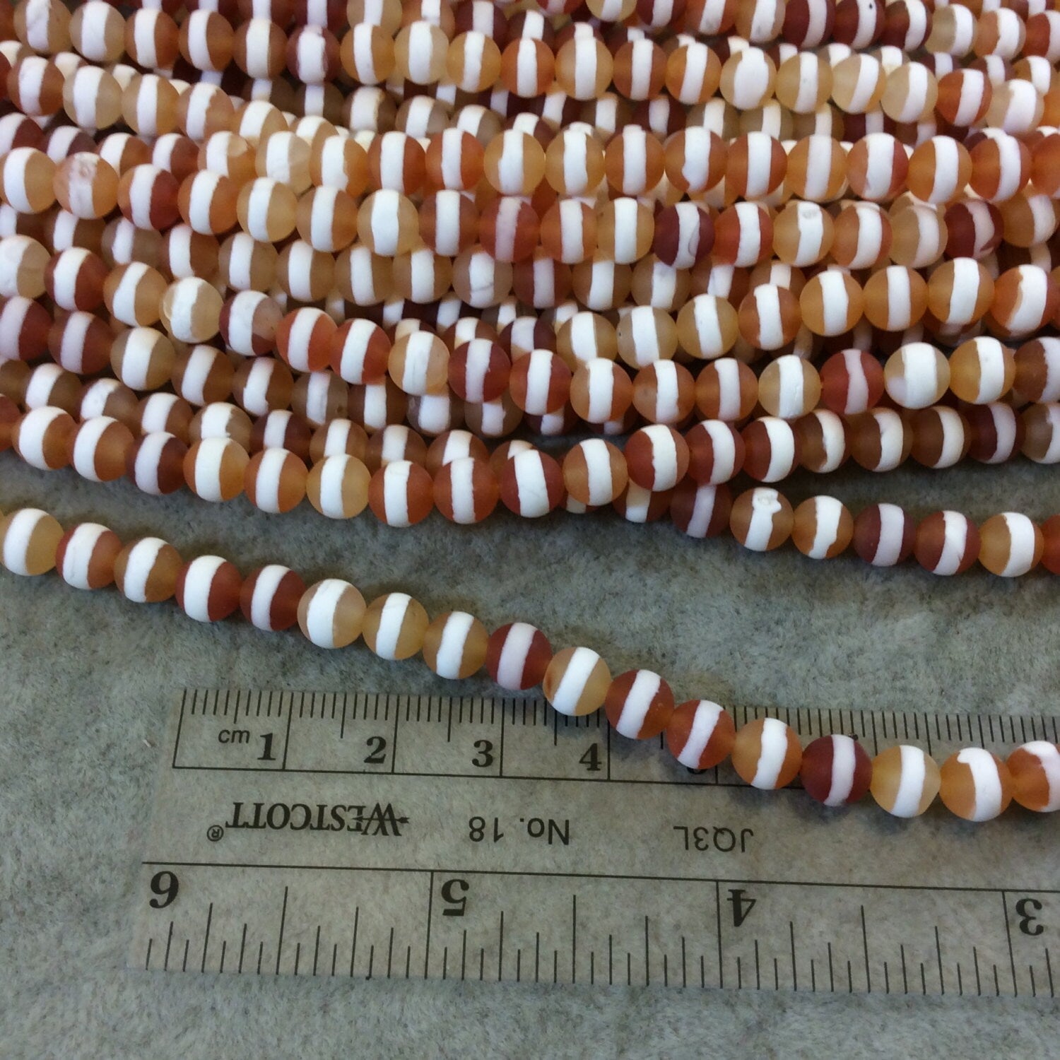 6mm Matte Finish Smooth Round Peach/White Striped Tibetan Agate Beads - 16" Strand (Approximately 64 Beads) - Natural Semi-Precious Gemstone