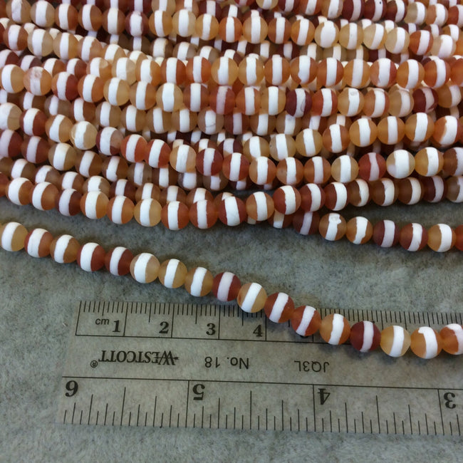 6mm Matte Finish Smooth Round Peach/White Striped Tibetan Agate Beads - 16" Strand (Approximately 64 Beads) - Natural Semi-Precious Gemstone