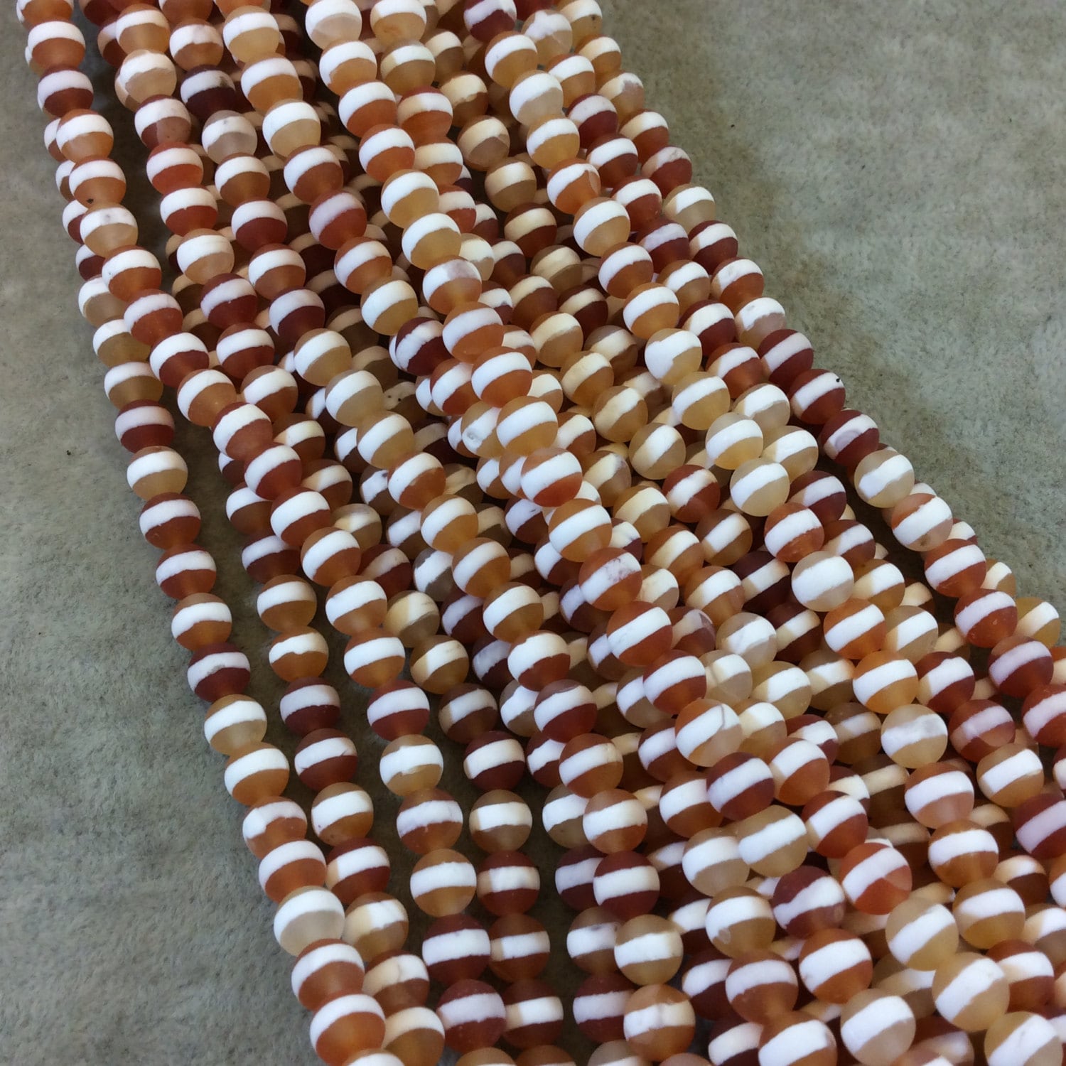 6mm Matte Finish Smooth Round Peach/White Striped Tibetan Agate Beads - 16" Strand (Approximately 64 Beads) - Natural Semi-Precious Gemstone