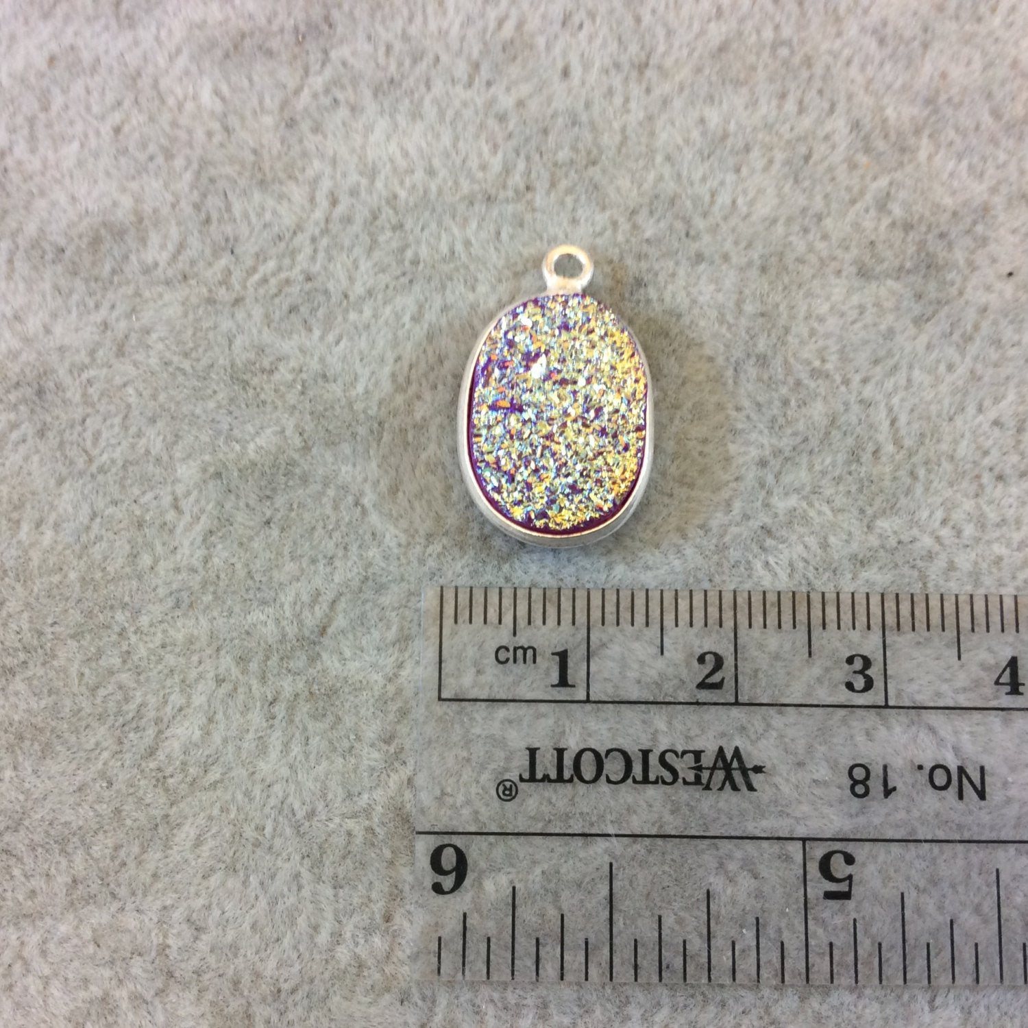 Silver Plated Bright Pink Druzy Resin Oval Shaped Bezel Pendant Component - Measuring 12mm x 17mm, Approximately - Sold Individually