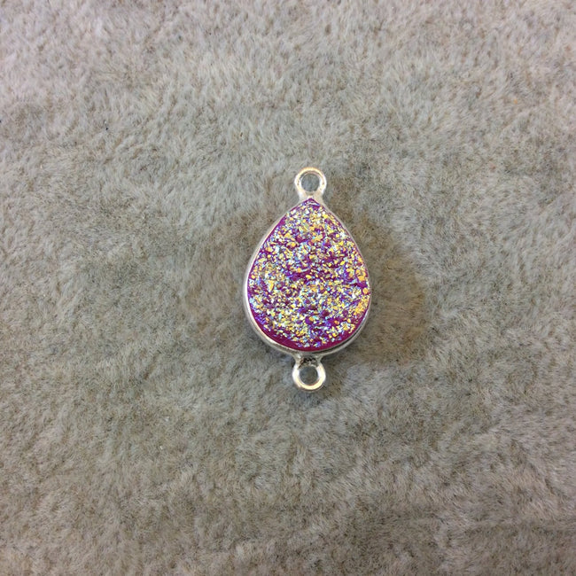 Silver Plated Bright Pink Druzy Resin Teadrop/Pear Shaped Bezel Connector Component - Measuring 13mm x 17mm, Approx. - Sold Individually