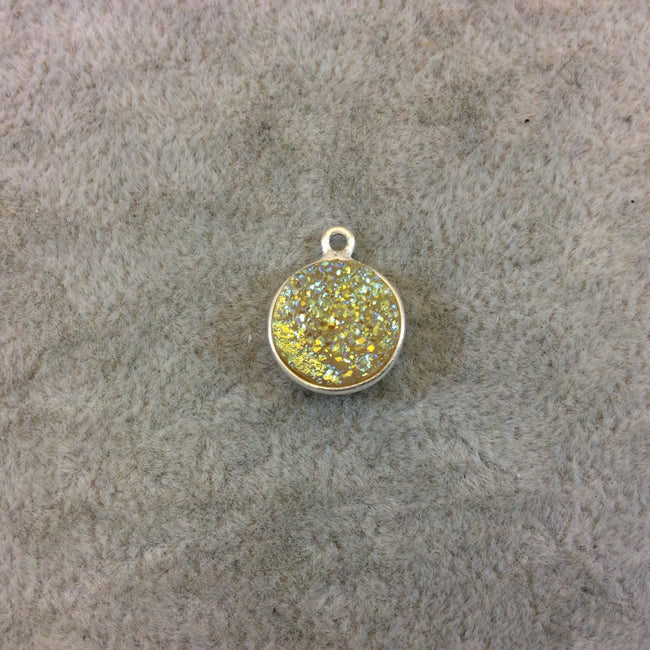 Silver Plated Yellow Druzy Resin Round/Coin Shaped Bezel Pendant Component - Measuring 12mm x 12mm, Approximately - Sold Individually