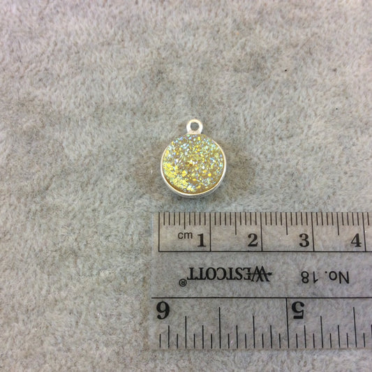 Silver Plated Yellow Druzy Resin Round/Coin Shaped Bezel Pendant Component - Measuring 12mm x 12mm, Approximately - Sold Individually