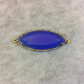 Gold Finish Faceted CZ Rimmed Cobalt Blue Chalcedony Marquis Shaped Bezel Connector Component - Measures 17 x 42mm - Sold Individually