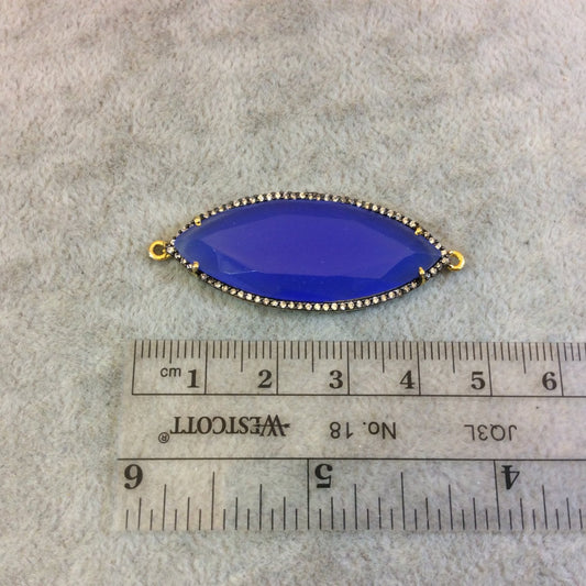 Gold Finish Faceted CZ Rimmed Cobalt Blue Chalcedony Marquis Shaped Bezel Connector Component - Measures 17 x 42mm - Sold Individually