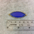 Gold Finish Faceted CZ Rimmed Cobalt Blue Chalcedony Marquis Shaped Bezel Connector Component - Measures 17 x 42mm - Sold Individually