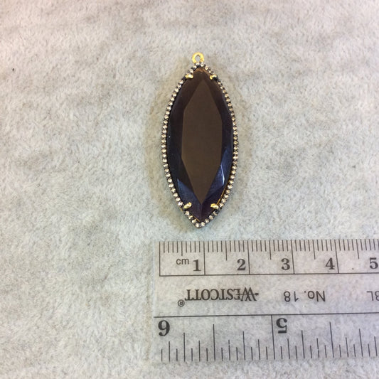 Gold Finish Faceted CZ Rimmed Purple Amethyst Quartz Marquis Shaped Bezel Connector Component - Measures 17 x 42mm - Sold Individually