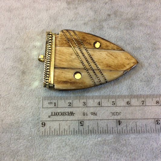 2.5" Light Brown Rounded Arrow Shaped Natural Ox Bone Pendant with Gold Line/Dot Inlay and Dotted Cap - Measuring 47mm x 65mm - (TR25LBRALI)