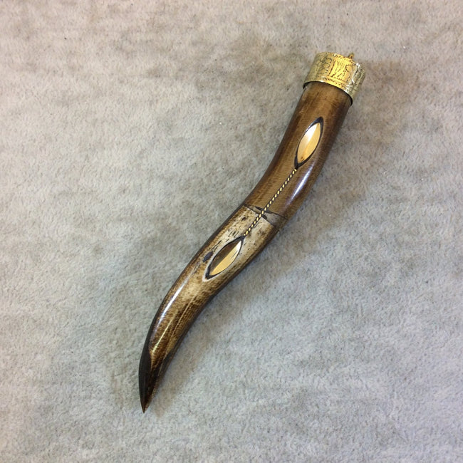 SALE 5" Wavy Wire/Bevel Inlay Brown Ox Bone Tusk/Claw Shaped Pendant with Floral Patterned Gold Cap - Measuring 18mm x 125mm