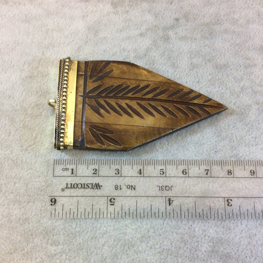 3" Warm Brown Pointed Arrow Shape Natural Ox Bone Pendant with Carved Branches and Dotted Cap - Measuring 48mm x 75mm, Approx.