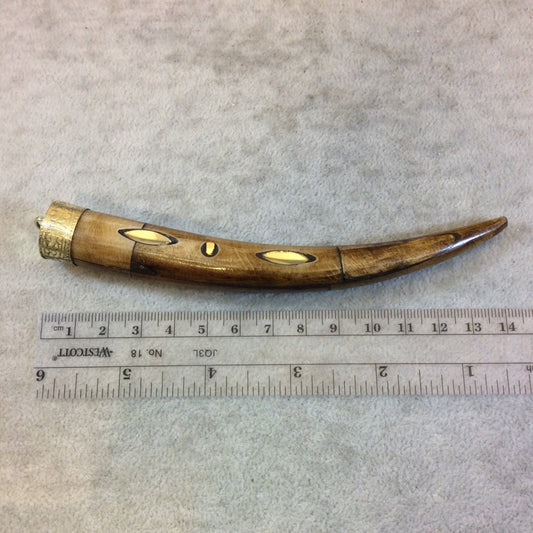 SALE 5" Long Metal Bevel Inlay Brown Ox Bone Tusk/Claw Shaped Pendant with Floral Patterned Gold Cap - Measuring 18mm x 130mm -