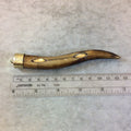 SALE 5" Wavy Wire/Bevel Inlay Brown Ox Bone Tusk/Claw Shaped Pendant with Floral Patterned Gold Cap - Measuring 18mm x 125mm