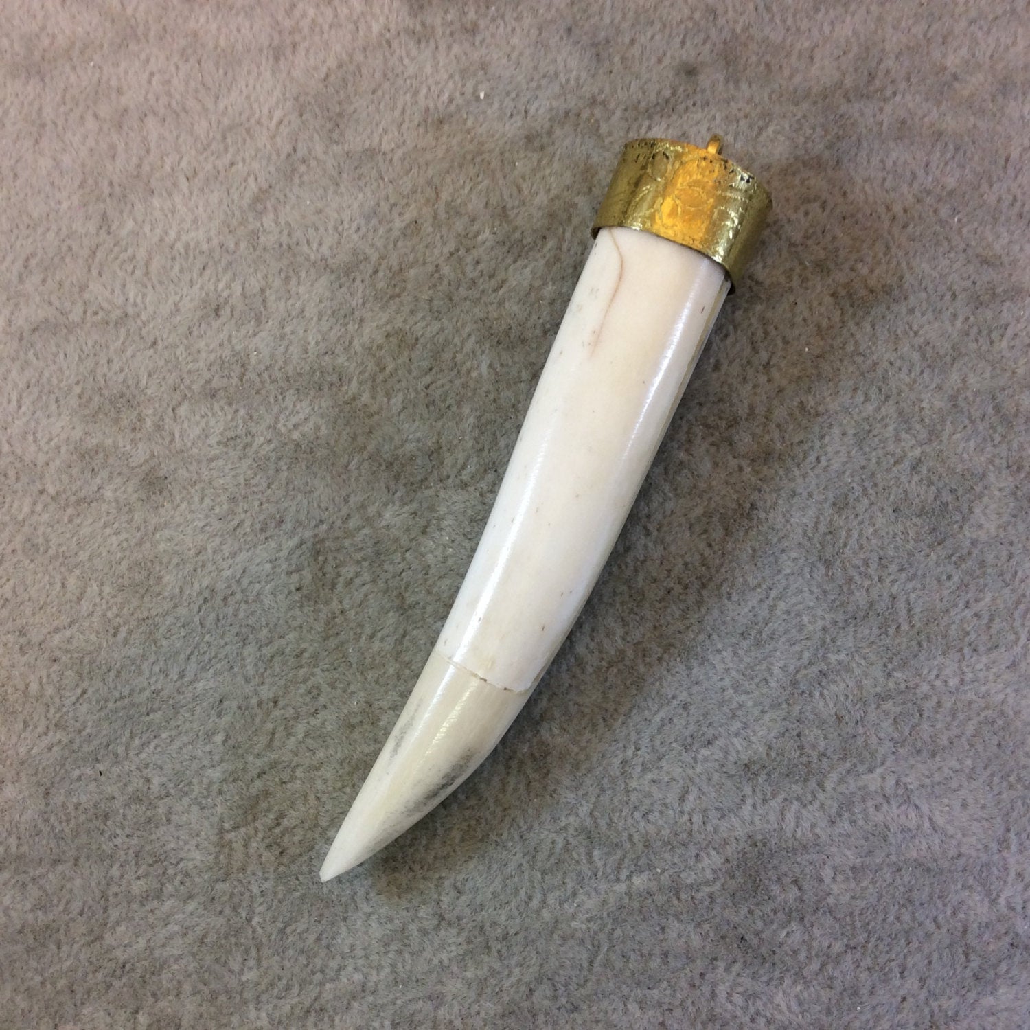 3.5" Long White/Ivory Round Ox Bone Tusk/Claw Shaped Pendant with Floral Patterned Gold Cap - Measuring 18mm x 85mm - Sold Individually