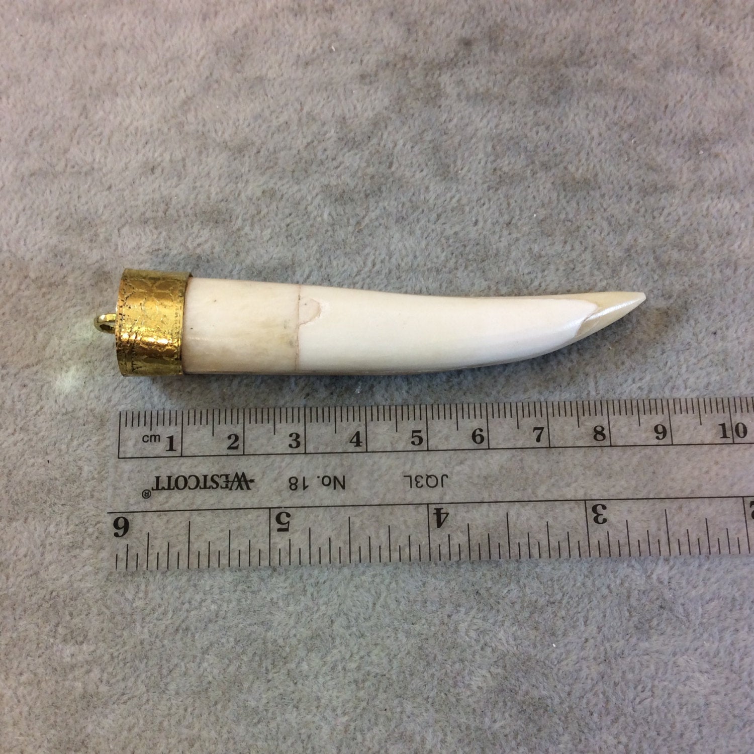 3.5" Long White/Ivory Round Ox Bone Tusk/Claw Shaped Pendant with Floral Patterned Gold Cap - Measuring 18mm x 85mm - Sold Individually