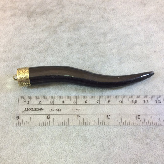 SALE - 5" Black Wavy Round Tusk/Claw Shaped Natural Horn Pendant with Gold Plated Floral Patterned Cap - Measuring 18mm x 125mm