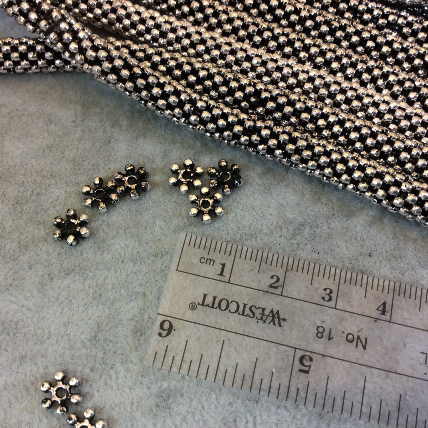 8mm Silver Finish Flat Floral/Flower Shaped Plated Base Metal Spacer Beads - 12.25" Strand (Approximately 144 Beads) - Sold by the Strand